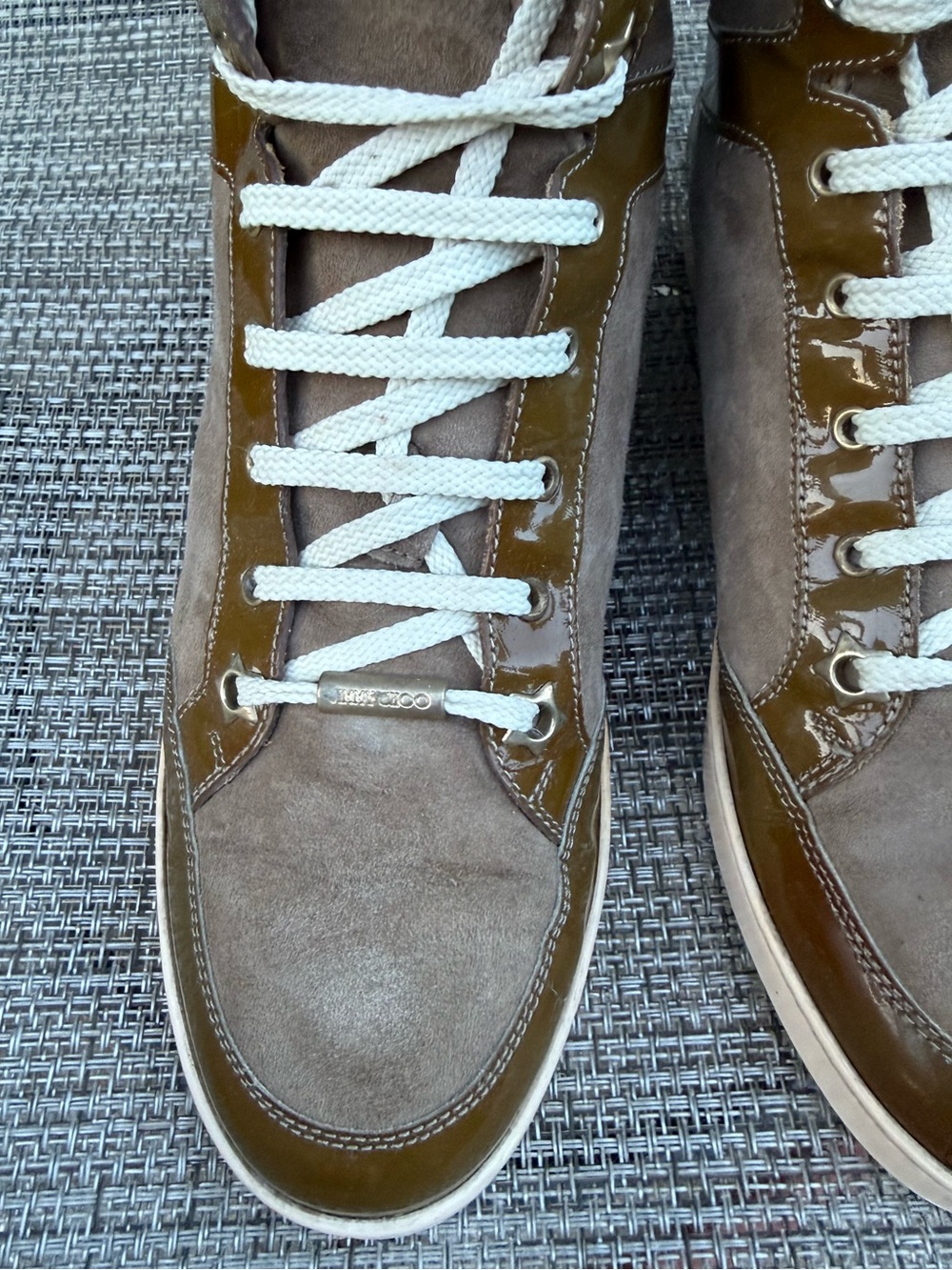 Jimmy Choo Tokyo High Top Suede Patent Leather Sneaker Women's Sz 37.5 /US 7.5-8 - Picture 16 of 16